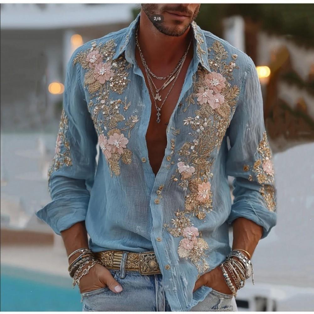 Stylish Floral Embroidered Long-sleeve Shirt, Versatile.