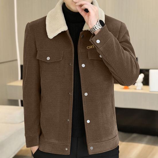 Men Jacket Coat Solid Color Lapel Button Closure Casual Jacket Thickened Velvet Lining Outerwear Daily Wear
