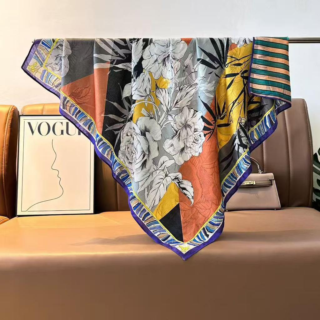 Imitation Velvet Silk Scarf Women'S 90 Square Scarf Double-Sided Heterochrome Splicing Printing Travel Beach Towel Sunscreen Shawl