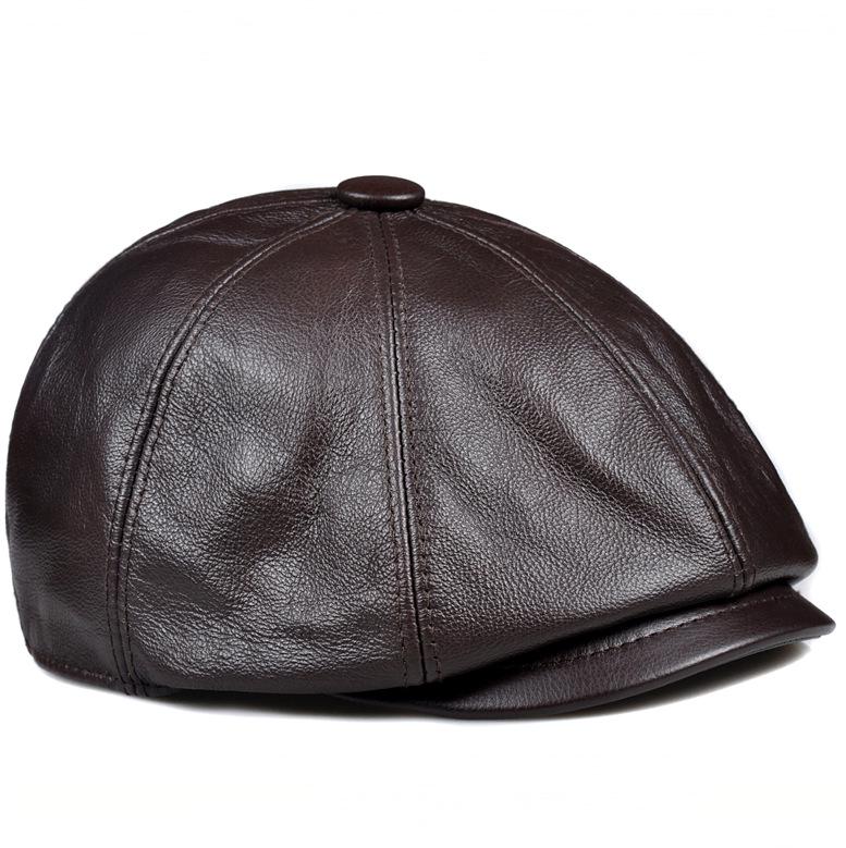 Podzimní/Zimní baret z pravé kůže: Pánská osmihranná čepice Newsboy z hovězí kůže, Malířská čepice s kšiltem, Korejský styl, Dámská trendy čepice.