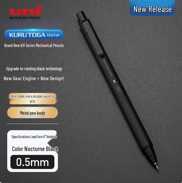 Mitsubishi UNI M5-KH Black Tech Mechanical Pencil with Rotating Tip, Frosted Metal Body, Low Center of Gravity. Silent Blue