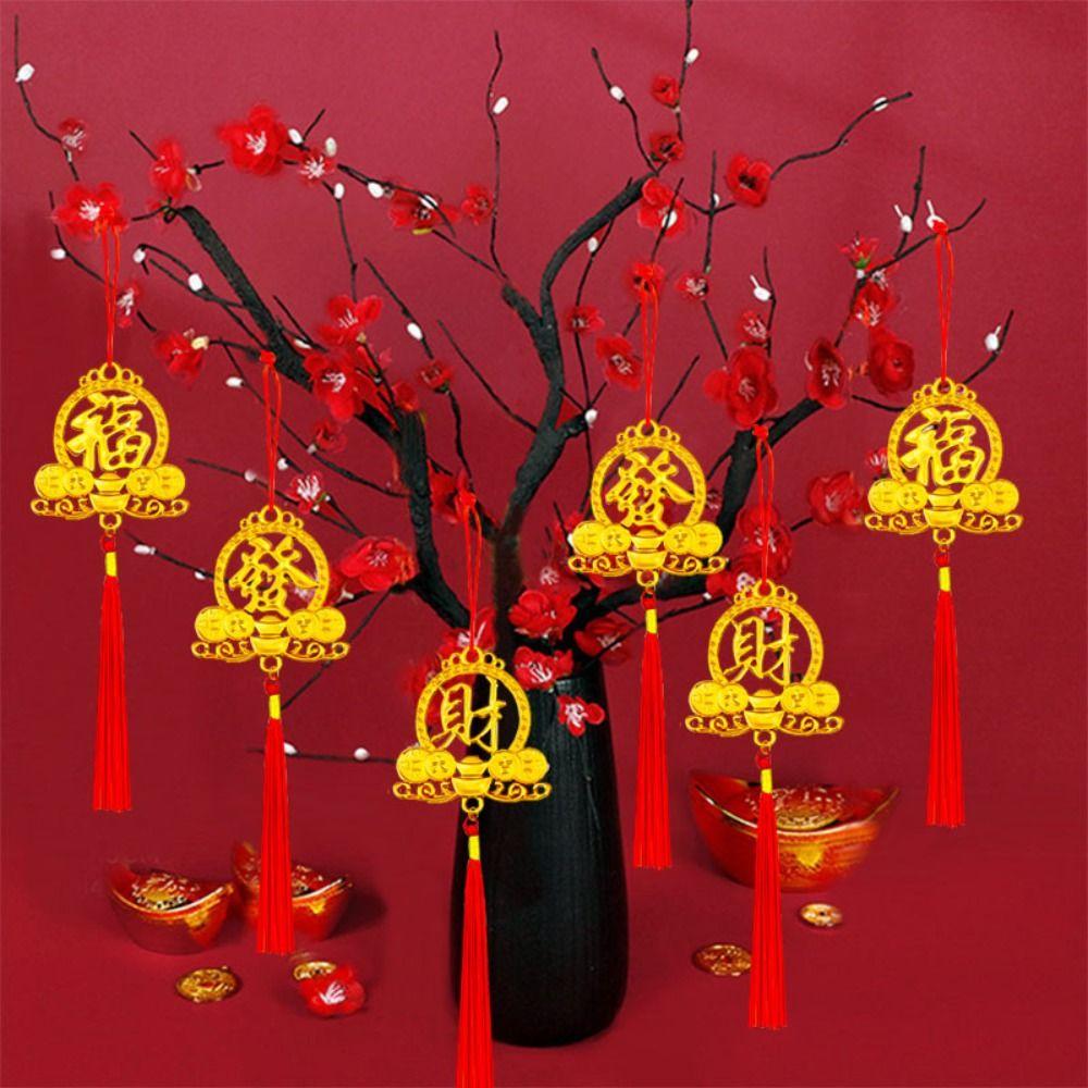6/10Pcs Gold Chinese New Year Pendant Waterproof Wealth Spring Festival Bonsai Pendant with Tassel Traditional