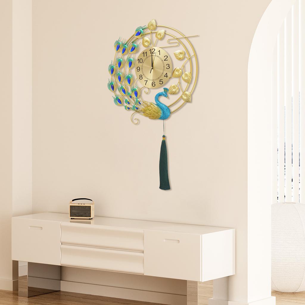 Peacock Metal Wall Clock,Gold Blue Wall-mounted Silent Art Wall Clock 58*100cm for Decoration Bedrooms