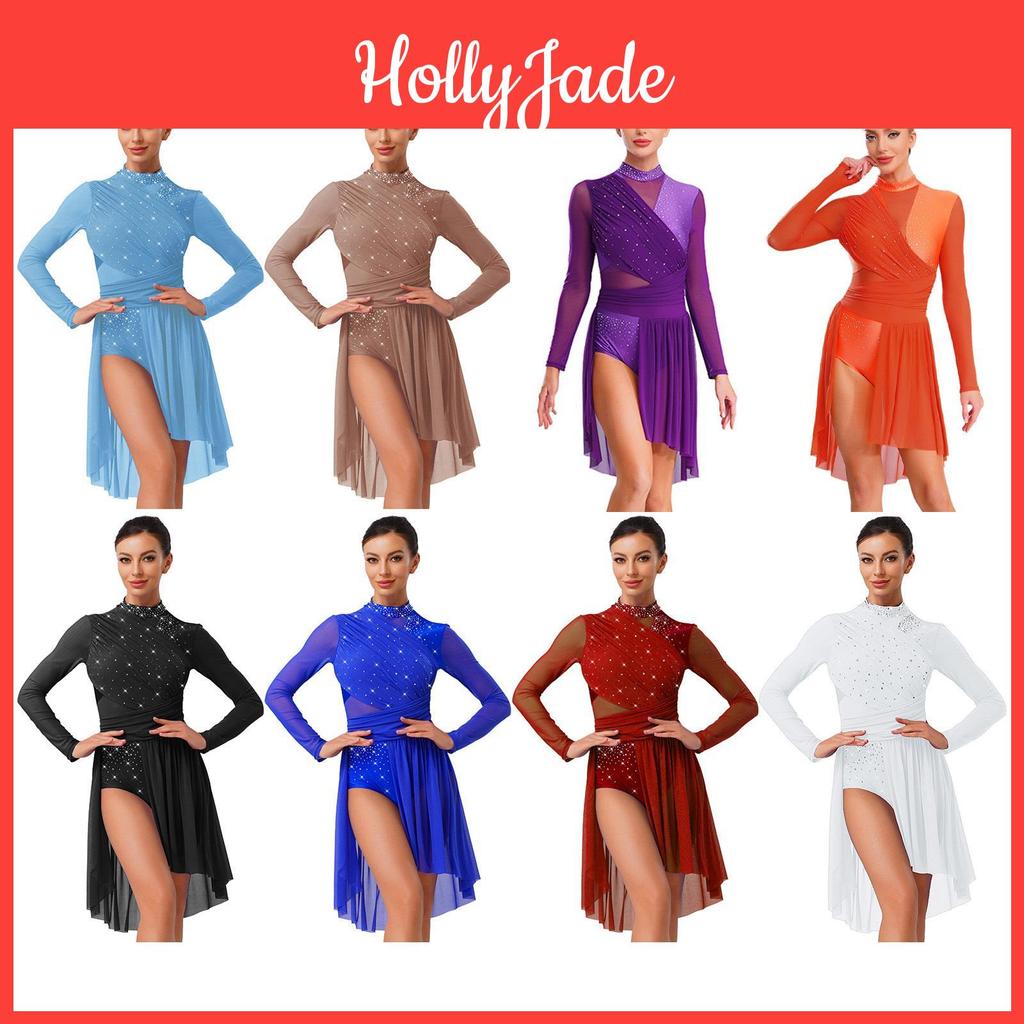 Lyrical Dance Dress Womens With Glitter Rhinestone Long Sleeve Backless Leotard Contemporary Costume