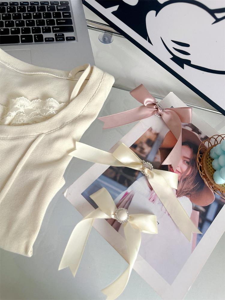 Camisetas Vintage Mori Girl Falsas Duas Peças Mulheres Renda Patchwork Doce Laço Croppeds Estética Feminina Sólida Kawaii Pulôver Novo