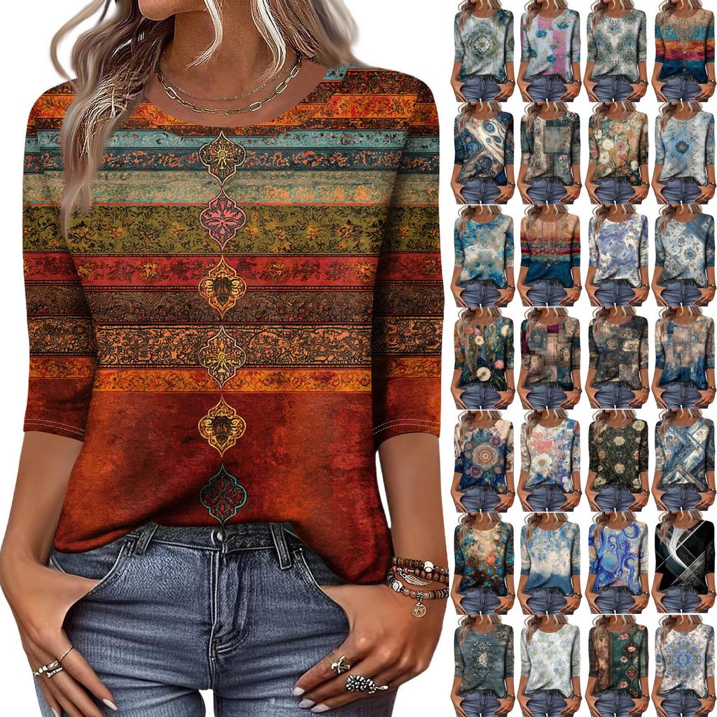 Trendy Vintage 3/4 Sleeve Top For Women,Ladies Casual Three Quarter Sleeve Round Collar Printed T-Shirt Blouse