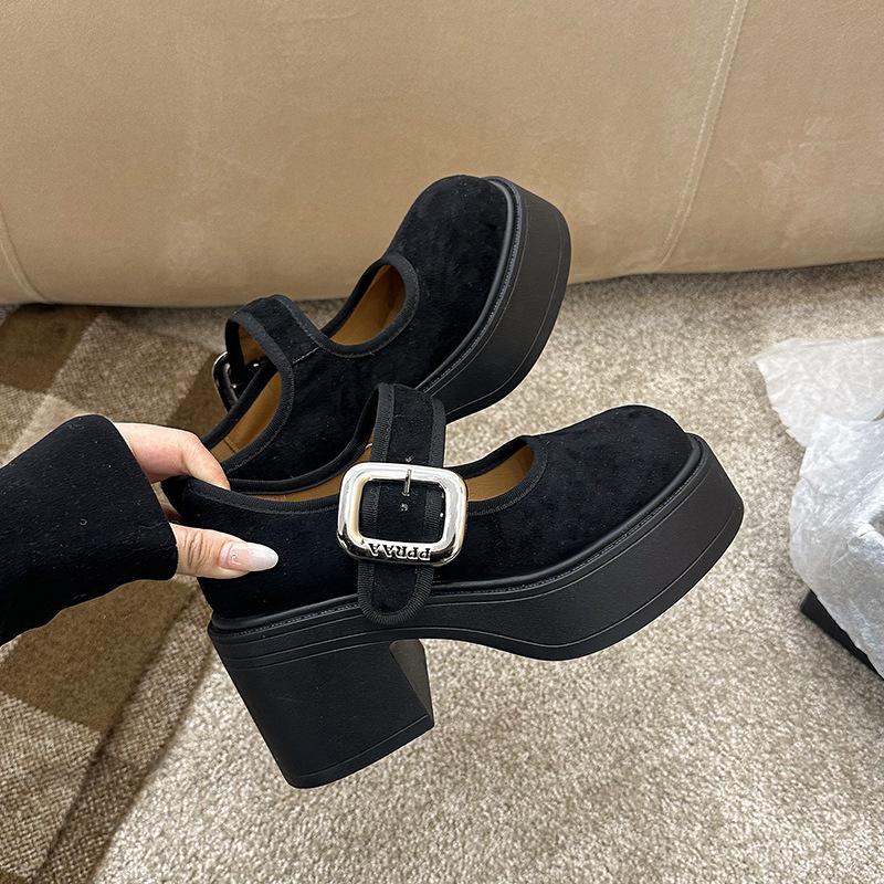 Höhenzunahme Frühling 2025 Plateau kleine Lederschuhe Damen schwarz Französische neue High Heels kleiner dicker Absatz Mary Jane Schuhe