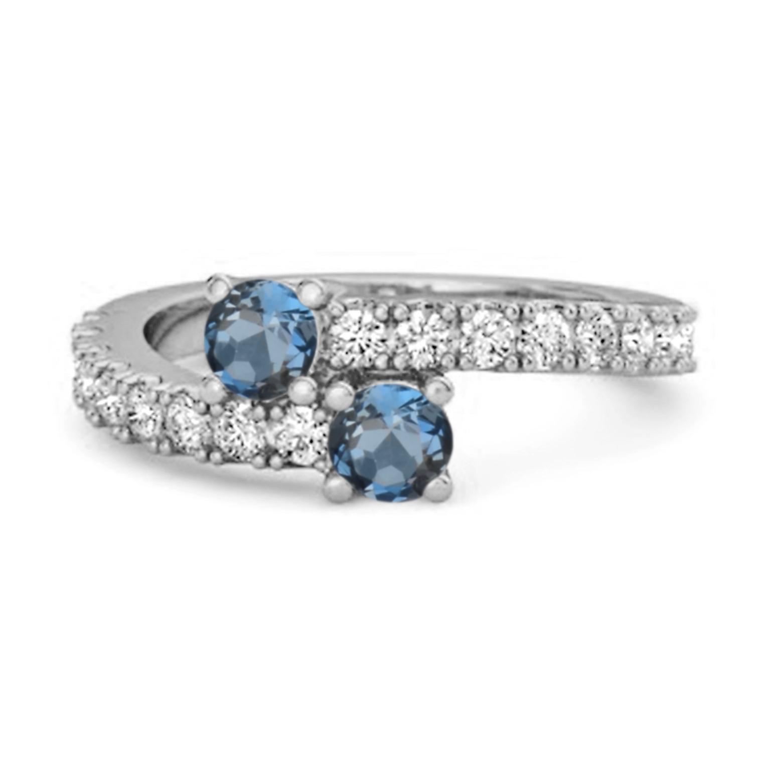 

London Blue Topaz Twin Stone with Accents Bypass Ring - 925 Sterling Silver 9 білий
