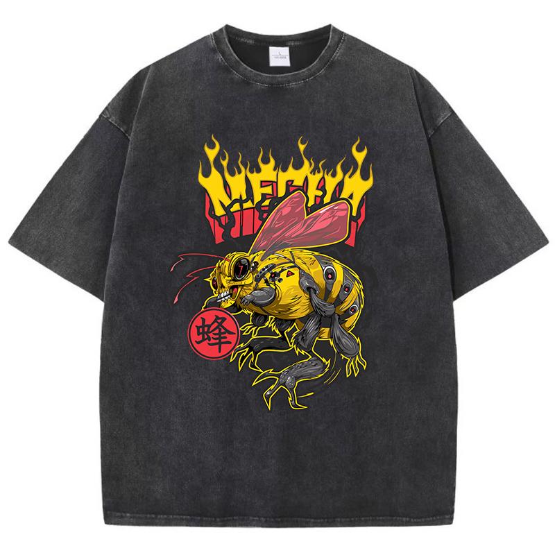 Womans Acid Wash T-Shirts Retro Manga Bees Printing Tops Crewneck Distressed Oversize Cotton Tees Trend Female Clothes