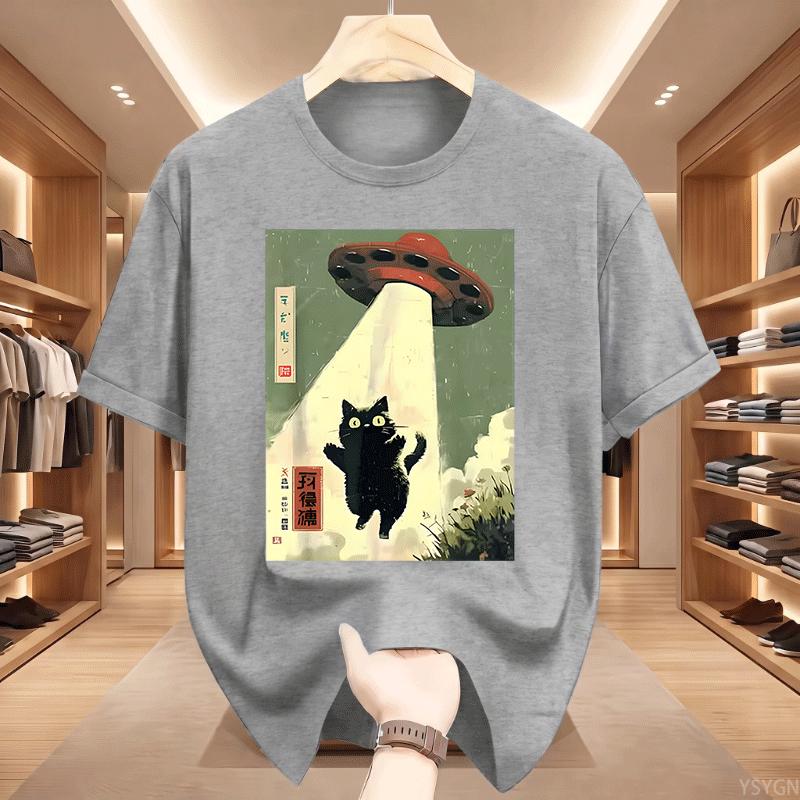 Black Cat Ufo Graphic Tshirts Japanese Cat Alien Graphic Tee Unisex Unisex Cotton Short Sleeve Printed Tshirts Streetwear Tops