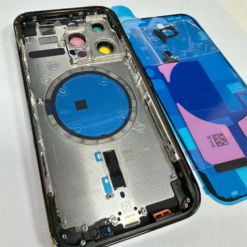 Back Housing For iPhone 14 Pro Back Battery Door Rear Glass + Middle Frame Cover ,SIM Tray Side Key Replacement CE Logo