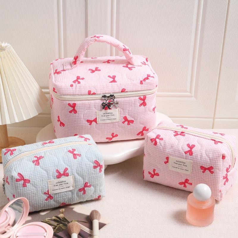 Bow Print Pink Blue Cute Makeup Bag for Women Large Capacity Toiletry Pouch Cute High Quality Cosmetic Organizer Storage Case