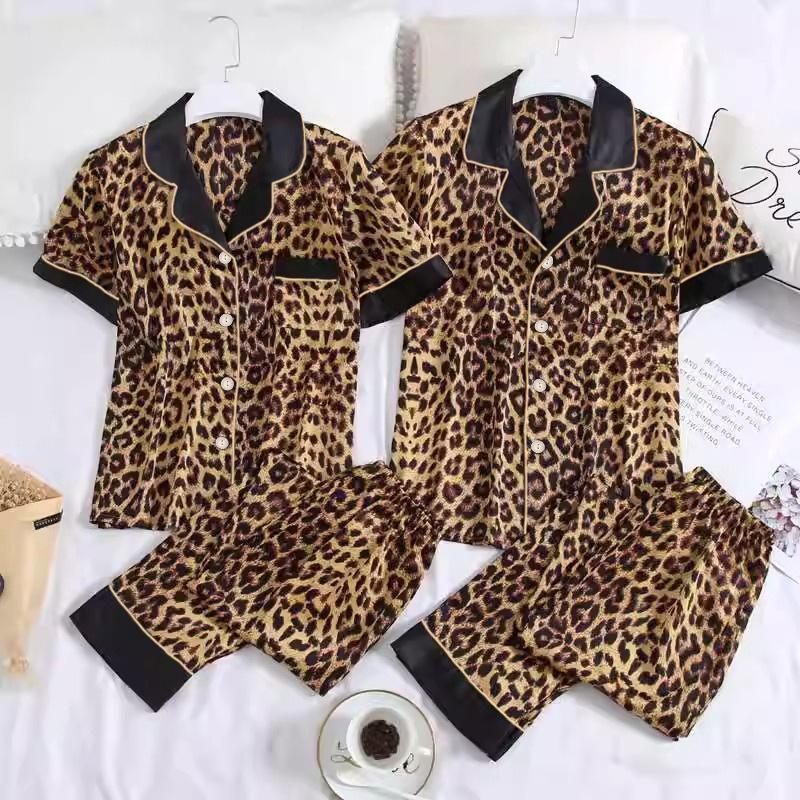 Pajamas Casual Clothing Summer Short Sleeve Trousers Thin Leopard Print Lapel Loungewear