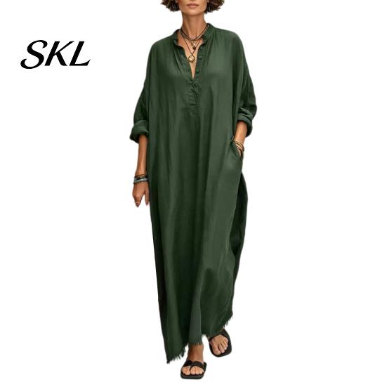 Casual Dress Summer Maxi for Women, V-Neck Oversized Boho Long Women Dress, Sleeve Button Up Vacation Sundress with Pockets Party