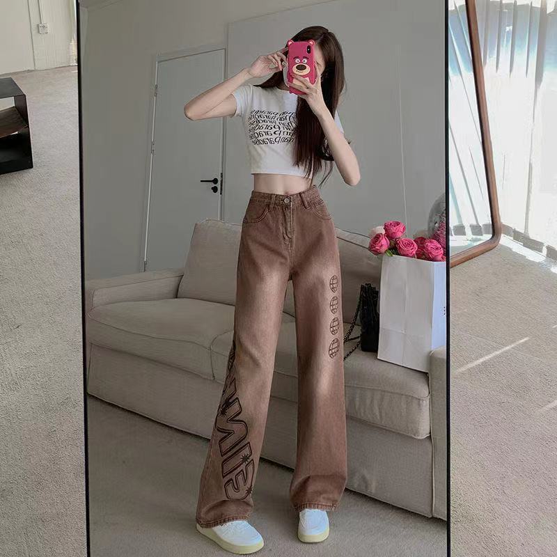 Amerikanska jeans med vida ben för kvinnor nya smala och löst sittande byxor med raka ben med hög midja och golvmopp Casual byxa