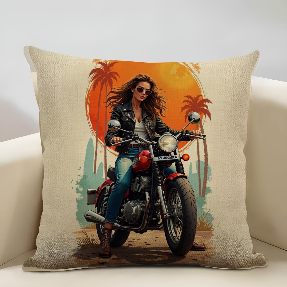 Female motorcyclist Cushion Household Decoration Linen Sofa Cushion Cover: Skin-Friendly & Breathable with Invisible Zipper