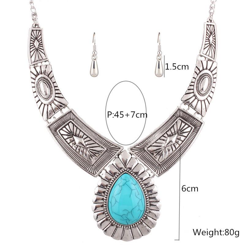 Retro Pattern Water Drop Gem Necklace & Earrings Set
