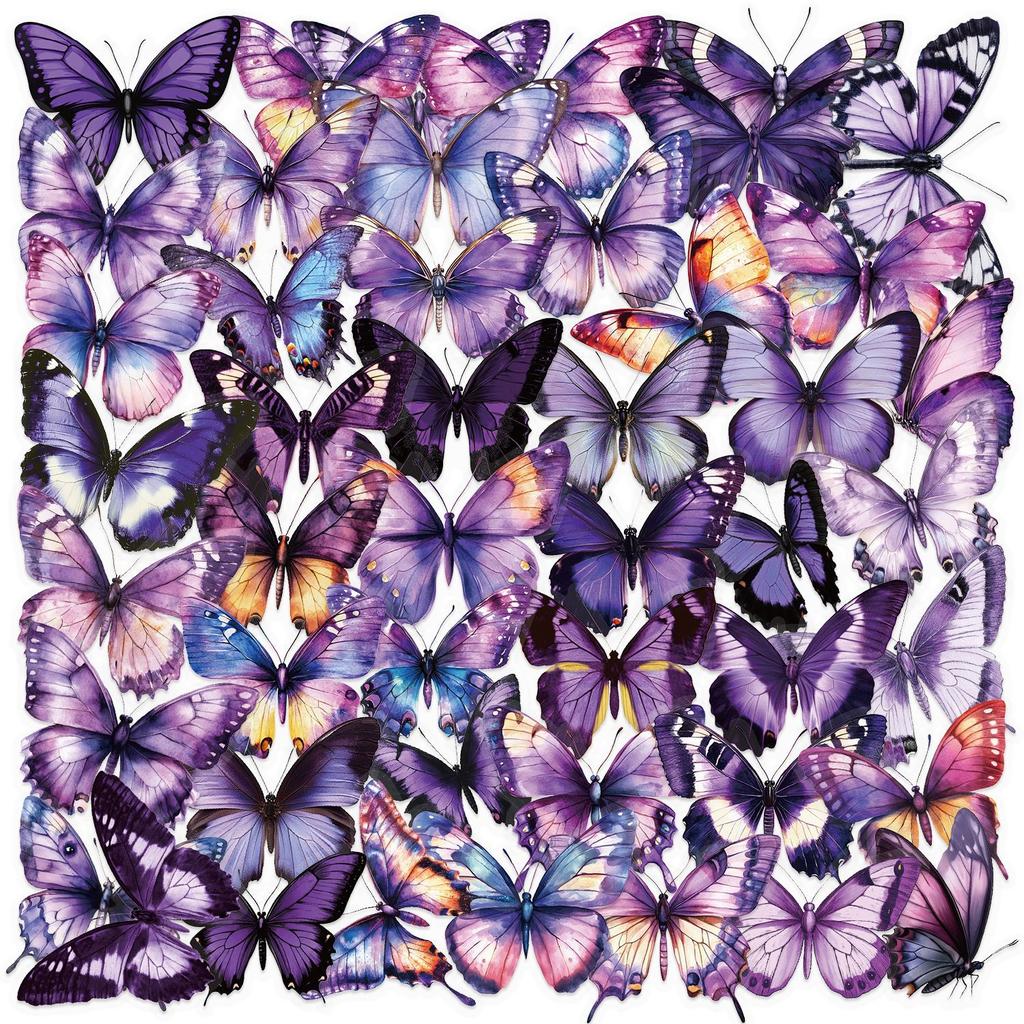 50 Transparent Colored Butterfly Sticker Pack, Waterproof Transparent PET Manual Material Decorative Guitar Notebook
