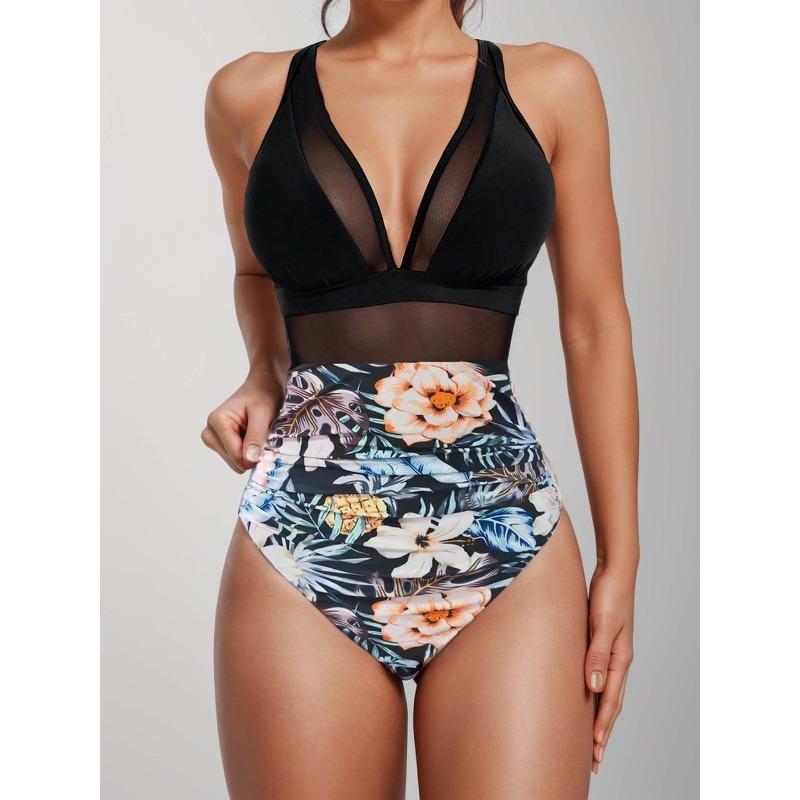 2026 New Bikini European and American Solid Color Mesh Halter Sexy Bikini One-piece Swimsuit Swimsuit