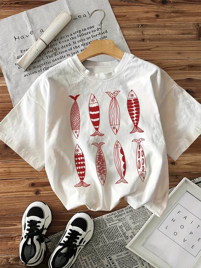 Funny Fish T-Shirt 100% Polyester Women's Casual Fish Print Design Short Sleeve Crew Neck Top Tee Harajuku