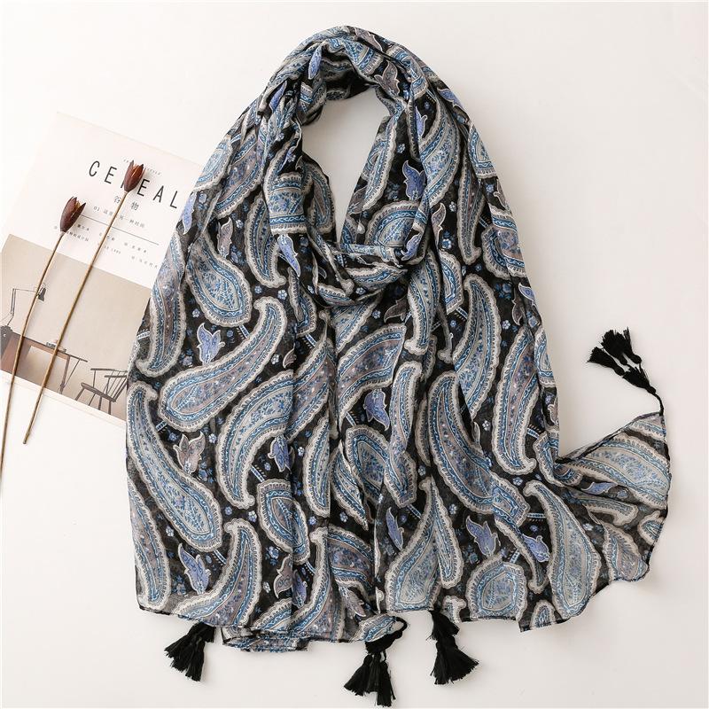 Luxury Fashion Women Viscose Scarf Ink Painting Floral Tassel Hijab Shawls and Wraps Female Foulard Echarpe Muslim Sjaal