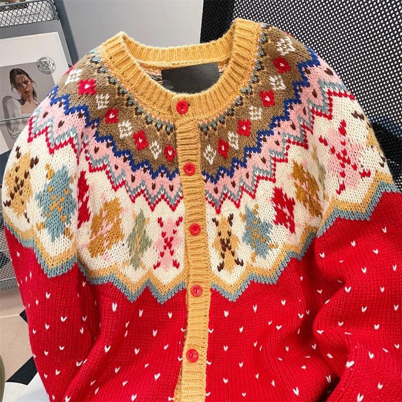 Christmas Style Women's Cardigan Red Single Breasted Round Neck Knitted Sweaters Striped Jacquard Autumn Woman Outerwear