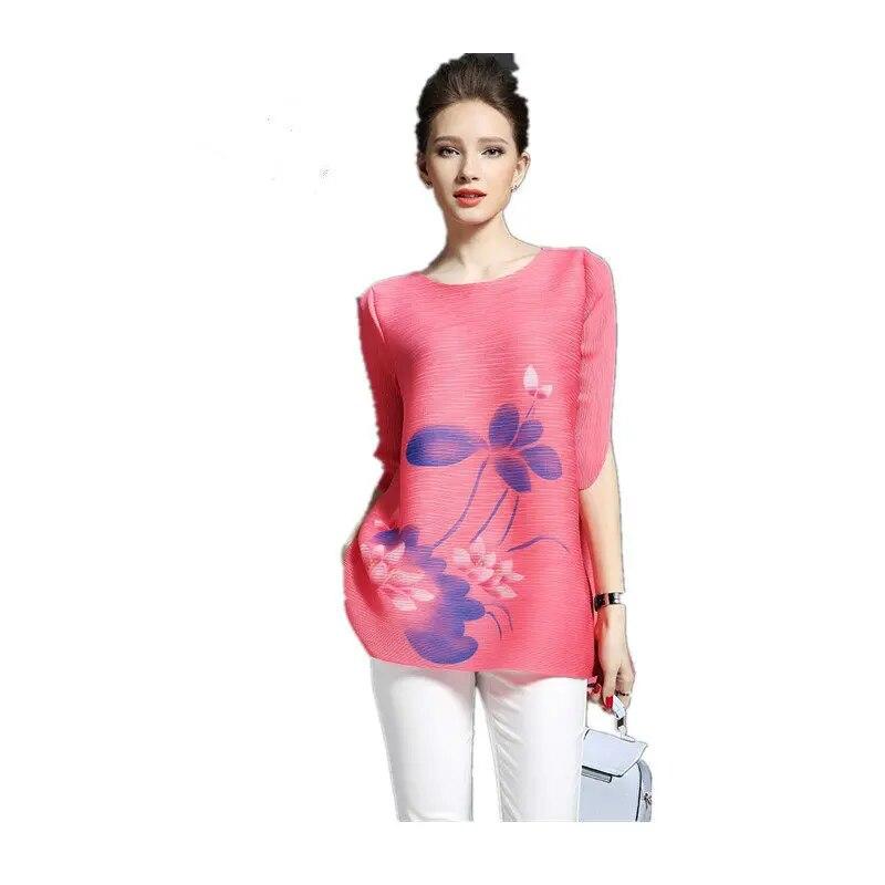 Pleated Dress Simple Medium Long Round Neck T-shirt Summer New Women's Five-point Sleeve Loose Print Half Sleeve Dress Tops