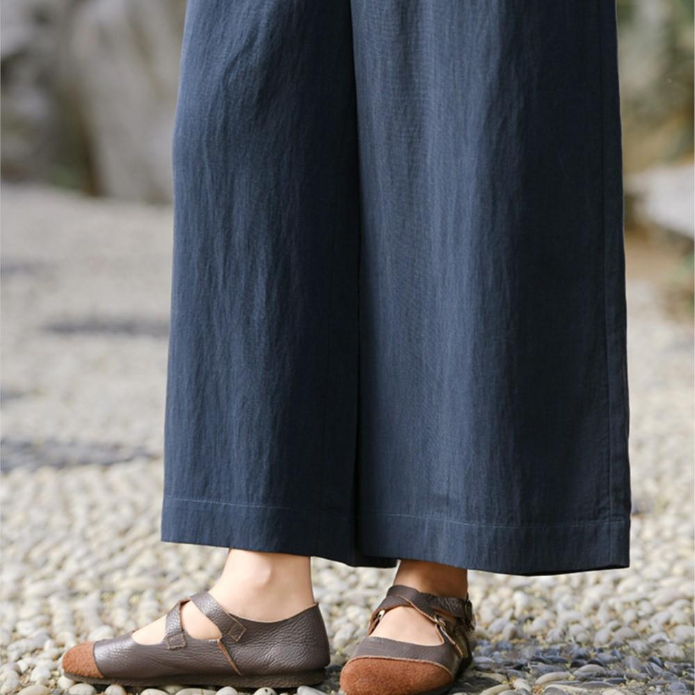 Johnature Women Vintage Wide Leg Pants Summer Chinese Style Elastic Waist Solid Color Trousers Loose Casual Pants