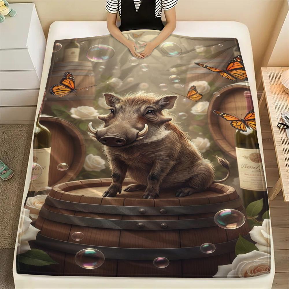 1PC Warthog Print FlAannel Blanket, High quality Comfortable for All Seasons, Home Decor, Warmth and Comfort