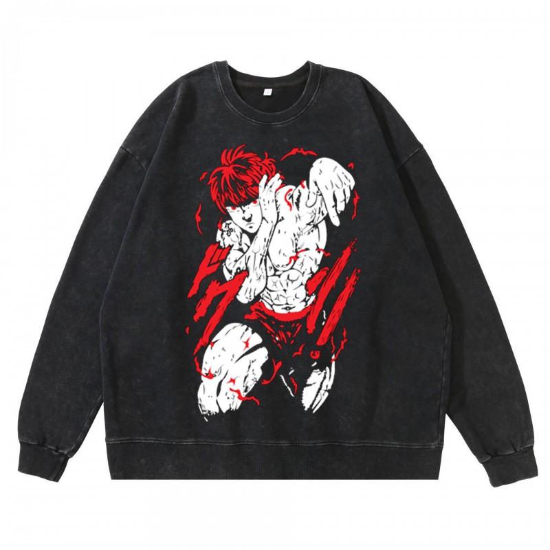 Heavyweight 360g Washed Vintage Baki Hanma Anime Graphic Hoodie-Free Cotton Sweatshirt Men