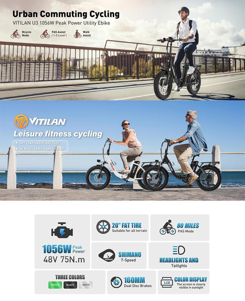 Rower elektryczny Vitilan U3 Silnik 750W Opony Fat 20"x 3" CHAOYANG Odporne na przebicie Rower elektryczny 48V 13AH Dla dorosłych 7 biegów Zielony