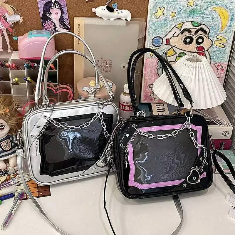 Y2K Cool Hot Ita Shoulder Bag Harajuku Girls Gothic Chain Transparent Tote Bag Large Capacity Crossbody Bag DIY Display Handbags