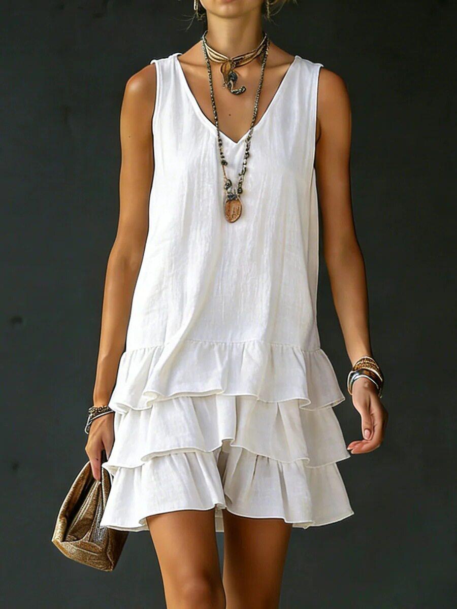 2026 European and American V-neck sleeveless patchwork fashionable casual women s dress S белый