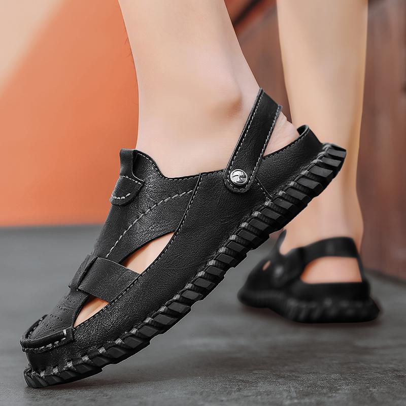 Fashion 2024 New Summer Outdoors Penetration Men Genuine Leather Sandals Wild Hollow Sandals Men Summer Wear-resistant Non-slip Toe Cap