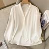 Solid Thin Chiffon Plus Size Shirt Women's Elegant Butterfly Knot V-neck Blouse Spring Autumn Long Sleeves Tops