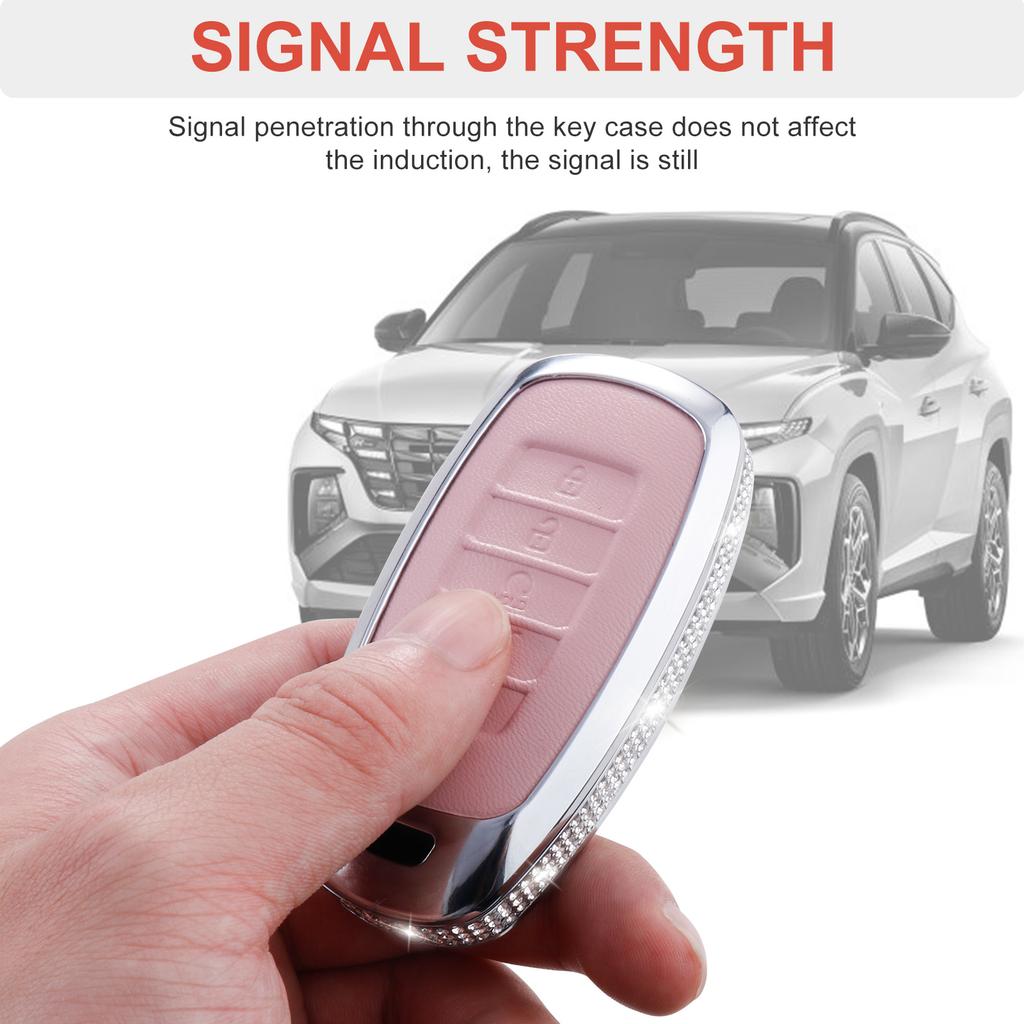 For Hyundai Key Fob Cover with Keychain, Pink Leather Key Case Protection Shell Fit for 2022 2021 2020 Hyundai Sonata Santa Fe T
