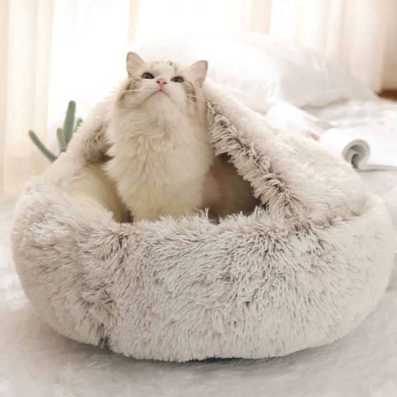 Winter Warm Rond Kattenhuis Bed Nestkussen Zacht Lang Pluche Huisdierbed voor Kleine Honden Kattenmat Nestbedkussen