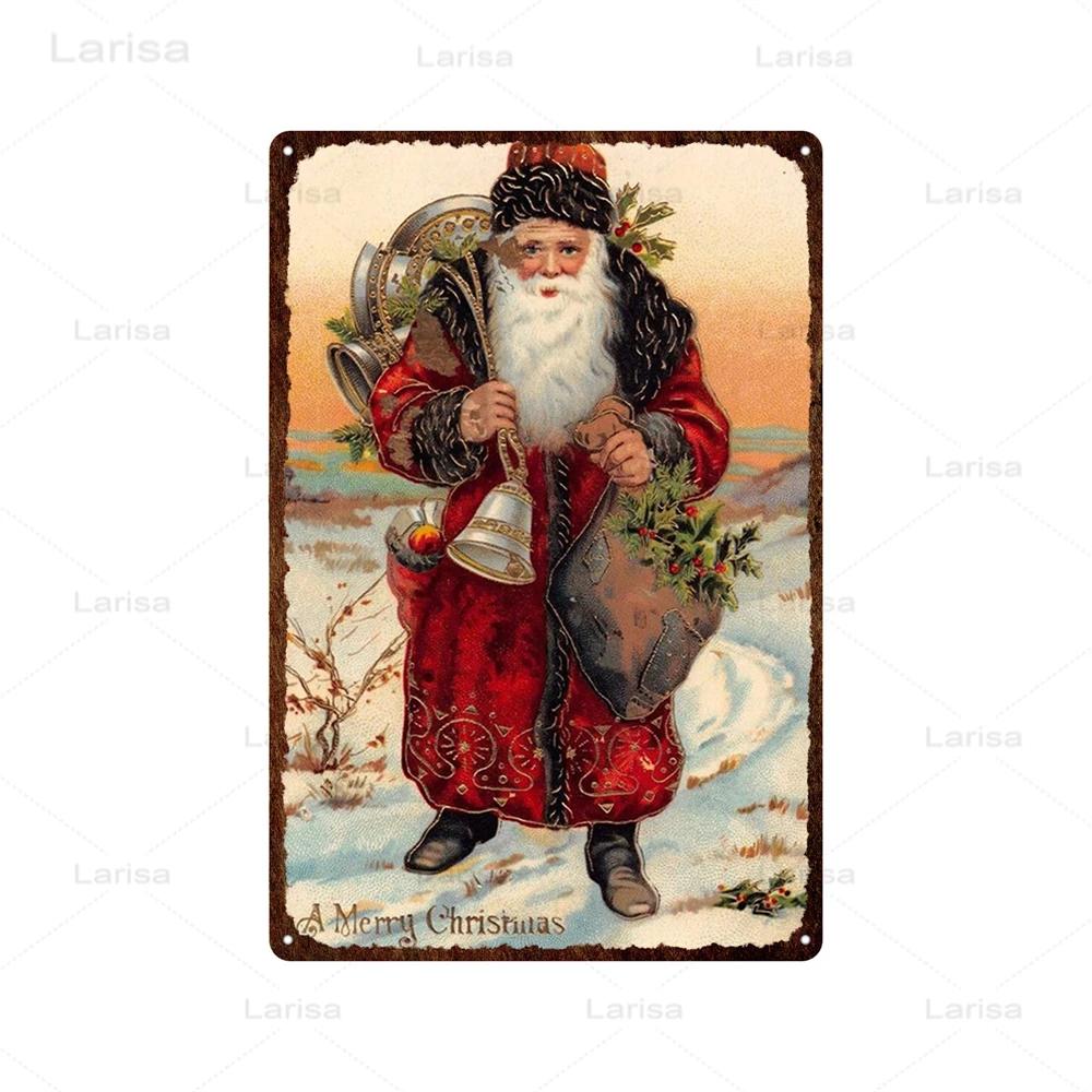 Christmas Vintage Tin Sign Santa Claus Plaque Metal Retro Plate Poster for Club Living Room Kitchen Home Wall Art Decoration