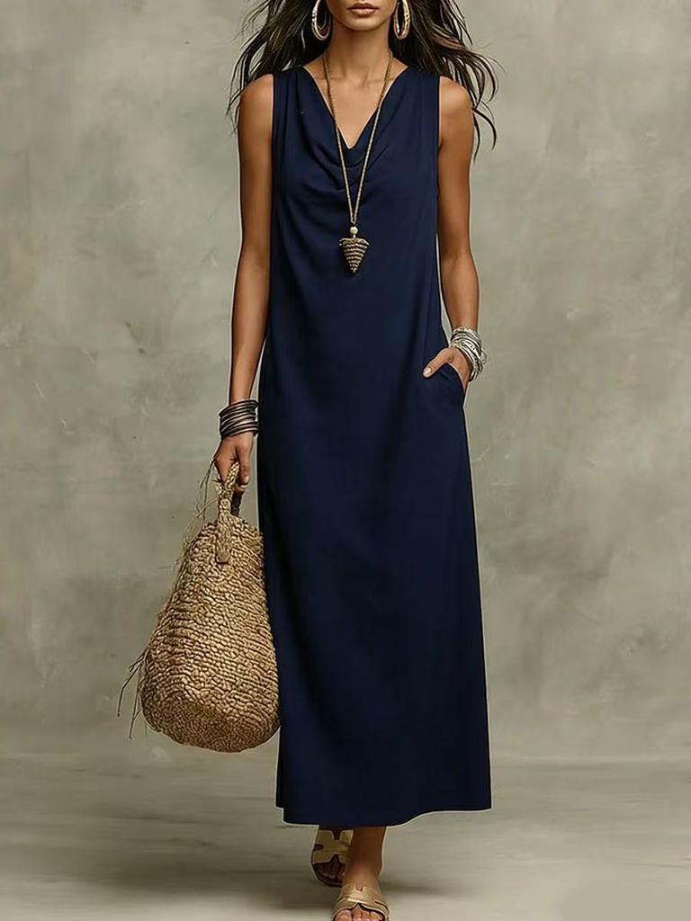  summer European and American new independent station dress women's sleeveless v-neck elegant long dress