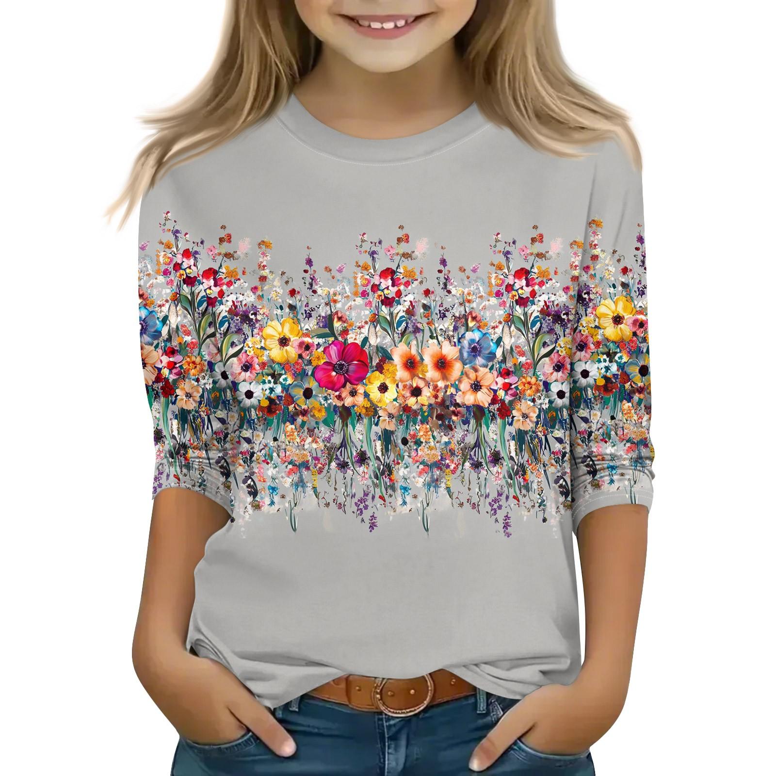 

Топы с принтом для девочек 5-16 лет с круглым вырезом и рукавами 3/4 Футболки Модные топы Наряды Футболки 130