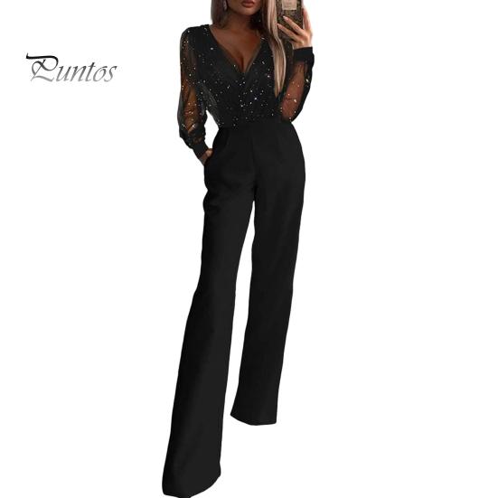 

Женский комбинезон из прозрачной сетки в стиле пэчворк с высокой талией и карманами, широкими штанинами, с V-образным вырезом, для выпускного вечера, официального банкета S чёрный