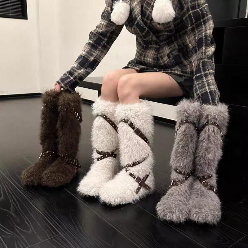 High Snow Boots Winter New Round Toe Suede Rivet Metal Buckle Soft Sole Anti-slip Wear-resistant Cotton Shoes