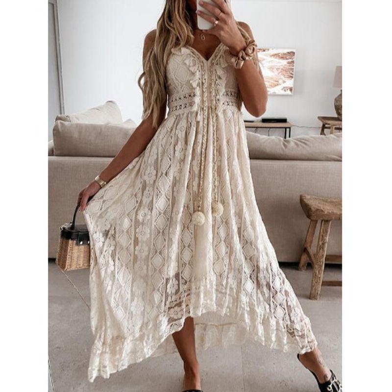 Summer New Arrival European and American Sexy V-neck Lace Cut-out Ruffled Irregular Swing Sling Dress Dress for Women