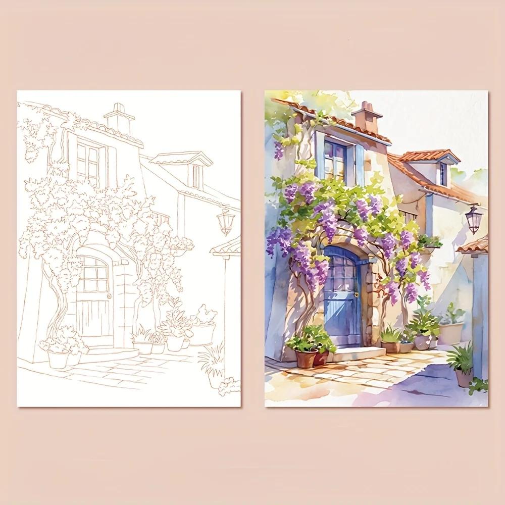 A Set of Creative Watercolor Painting Tools - Adult Coloring Book with Landscape and Floral Patterns