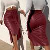 European Leather Women's Slim Fit Mid-Length Pencil Skirt with Slit