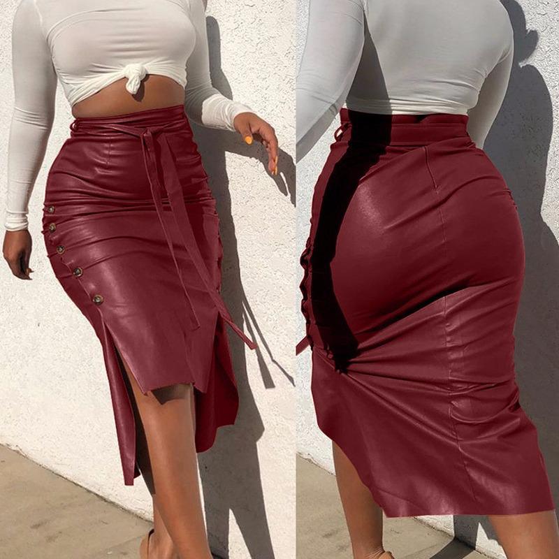 European Leather Women's Slim Fit Mid-Length Pencil Skirt with Slit