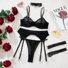 European and American Women’s Sexy Lingerie Set, Flocked Leopard Print and Sheer Black Mesh Spaghetti Strap Underwire Push-Up Intimate Wear
