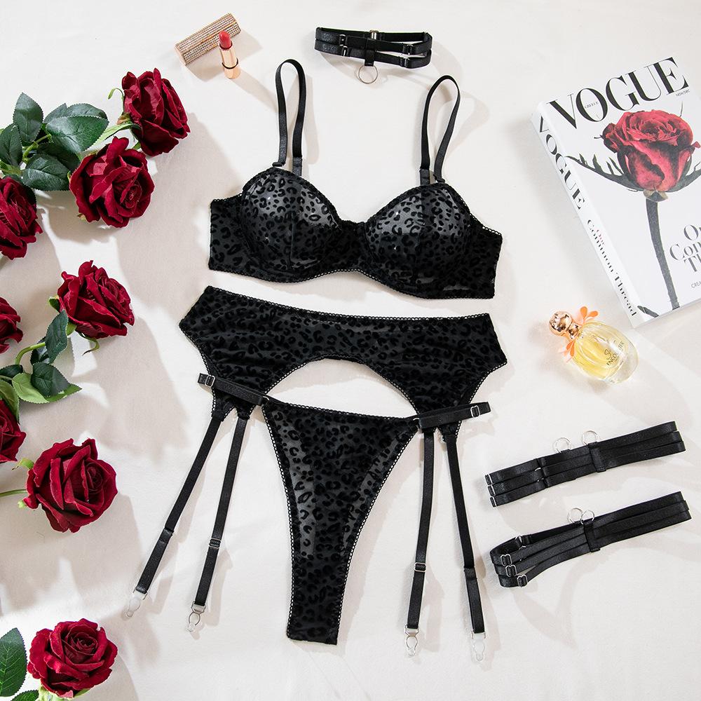 European and American Women’s Sexy Lingerie Set, Flocked Leopard Print and Sheer Black Mesh Spaghetti Strap Underwire Push-Up Intimate Wear