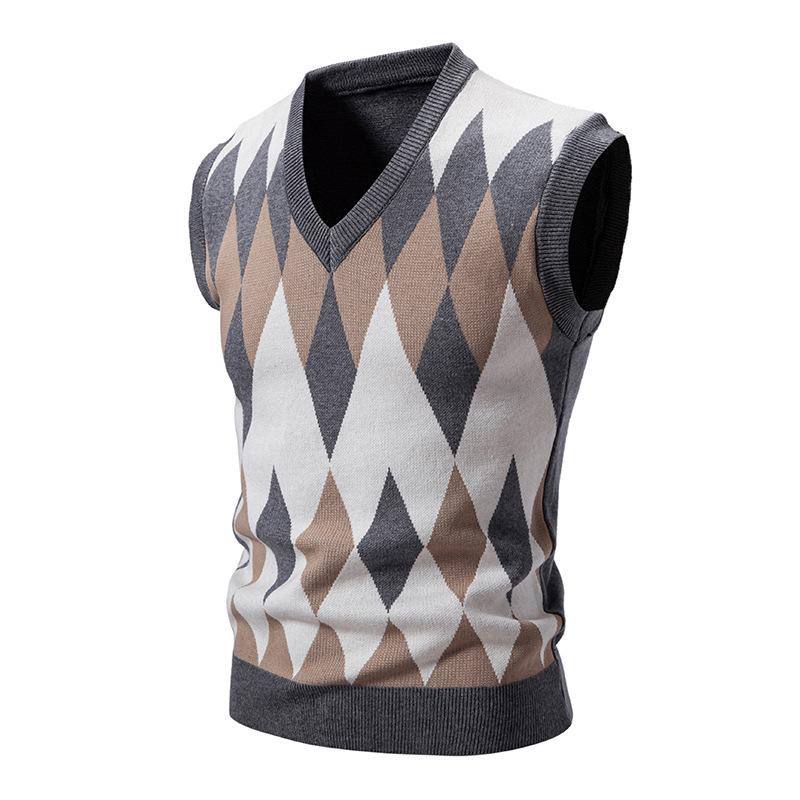 Gilet in maglia Argyle da uomo, scollo a V, senza maniche, casual, vestibilità slim, pullover, maglione lavorato a maglia, gilet leggeri