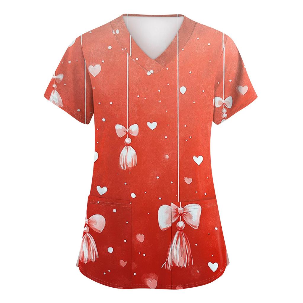 Women's Fashion V-Neck Short-Sleeved Workwear With Pockets Valentine's Day Printed Top Caregiver Uniform